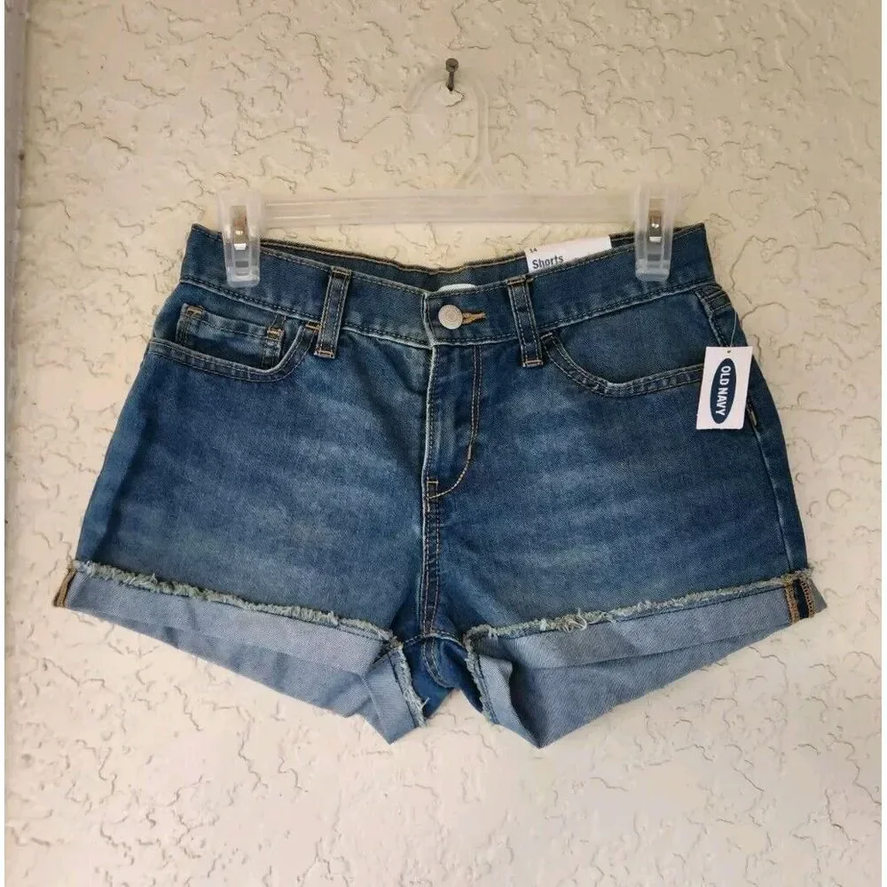 Old Navy Girls Denim Blue Jeans Shorts Adjustable Waist‎ Pockets Size 14